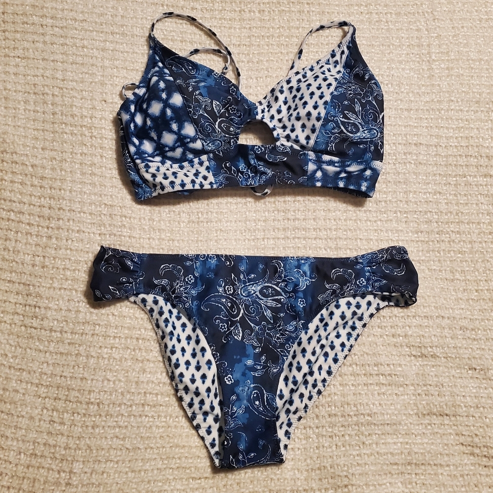 Blue and White Patterned Bikini Set